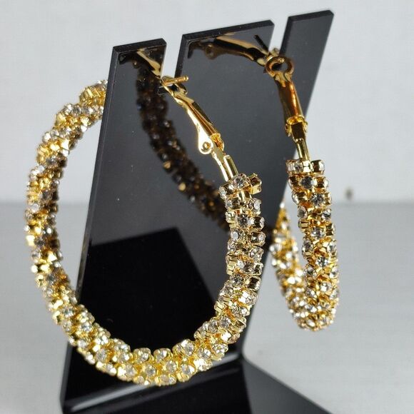 Gold Tone Metal White Colorless Rhinestones Hoop Statement Fashion Earrings - Picture 8 of 16